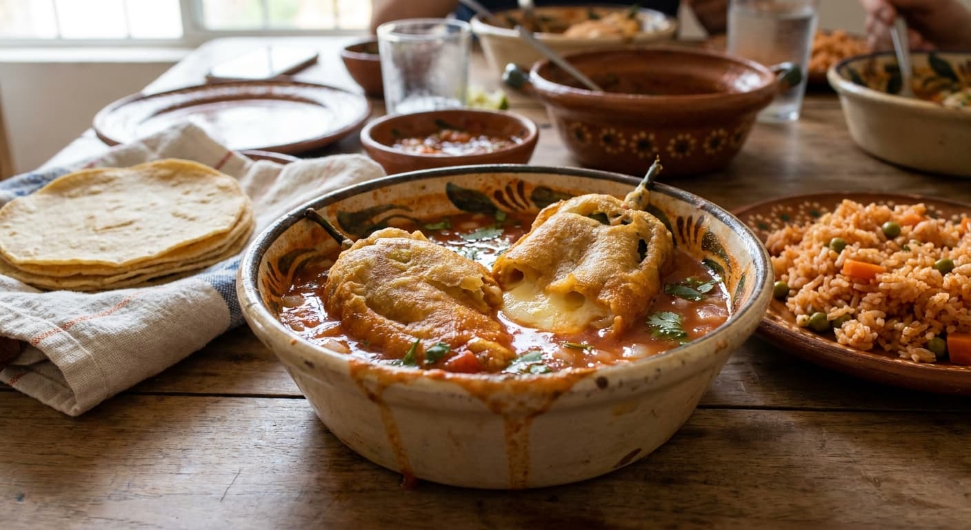 Stuffed Poblano Chiles — Cheese-Filled Chiles in Tomato Broth - authentic mexican recipe