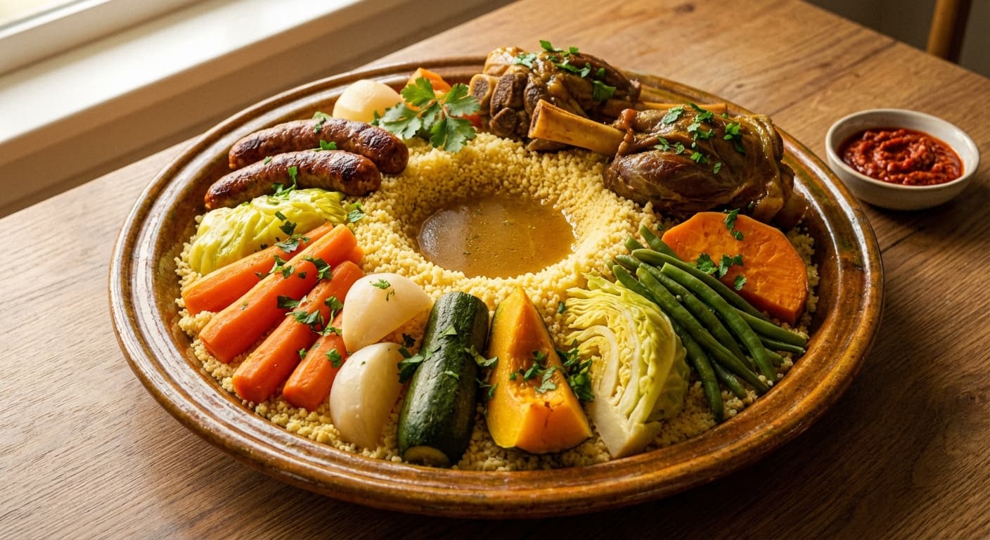 Couscous Royal — Moroccan Seven-Vegetable Couscous with Lamb and Merguez - authentic moroccan recipe