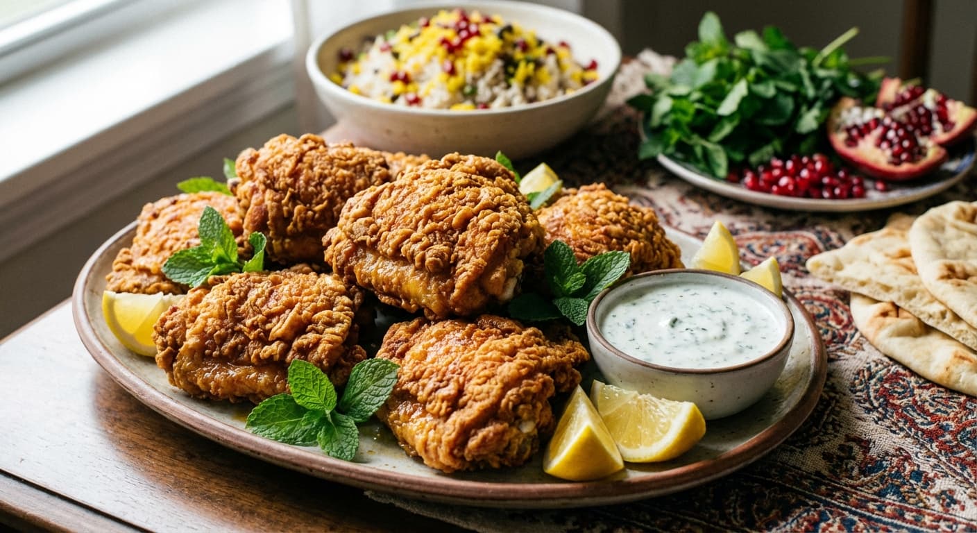 Morgh-e Sorkh Shodeh — Crispy Persian-Style Fried Chicken Thighs with Minty Yogurt Sauce - authentic persian recipe