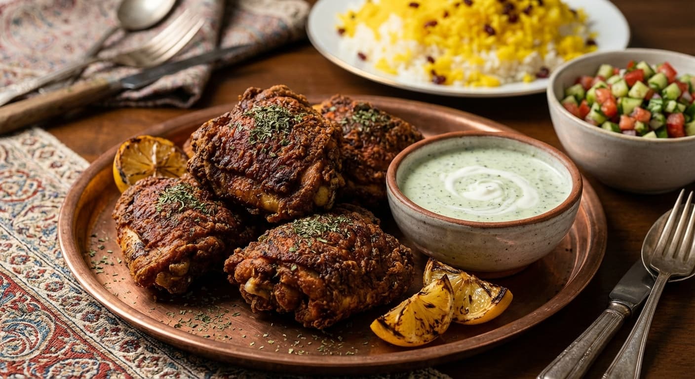 Crispy Persian-Style Fried Chicken Thighs — Golden crust with minty yogurt sauce - authentic persian recipe