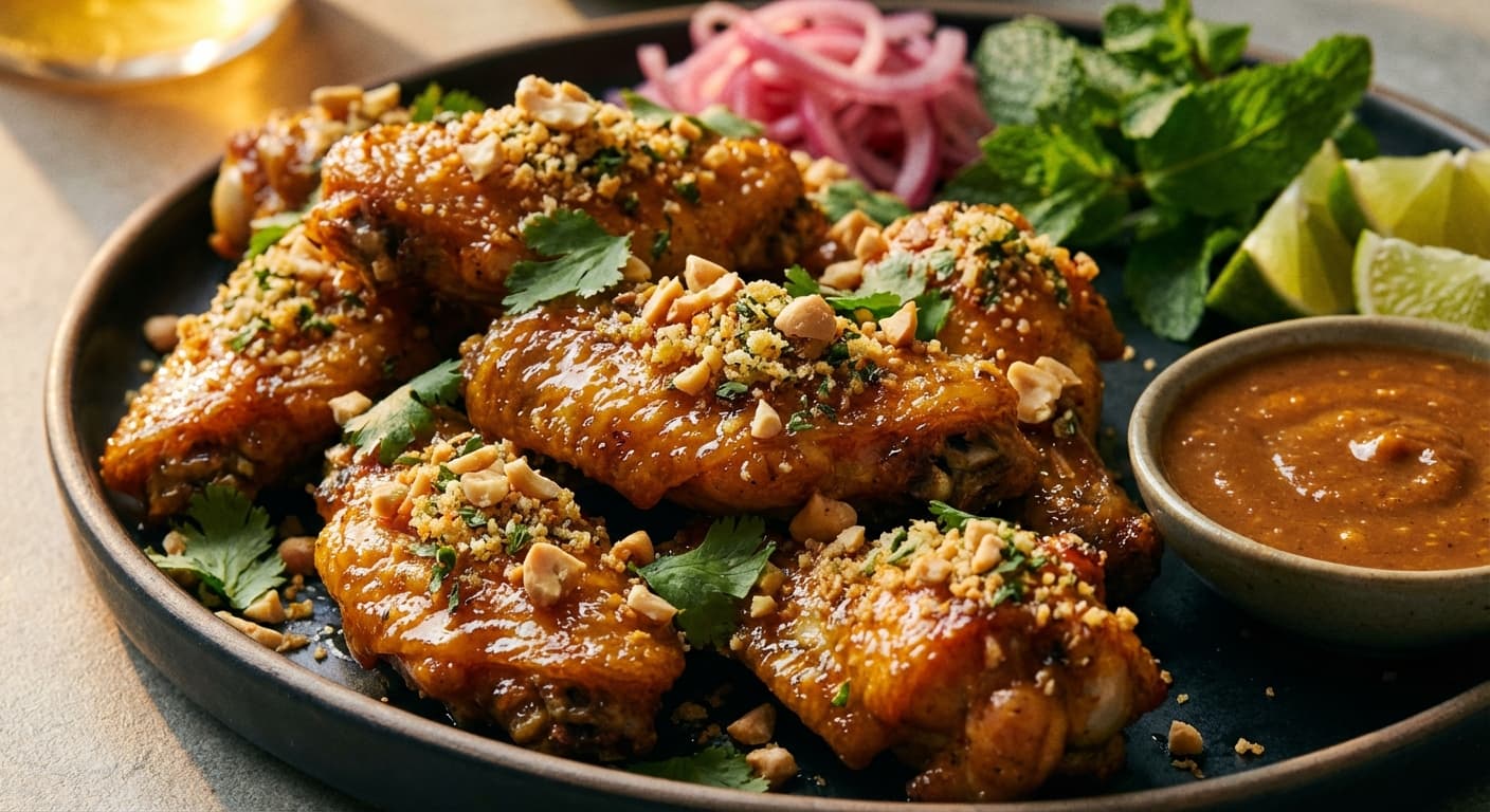 Crispy Persian-Style Peanut Glazed Chicken Wings — Herb-crusted baked wings with tamarind-ginger peanut glaze - authentic persian recipe