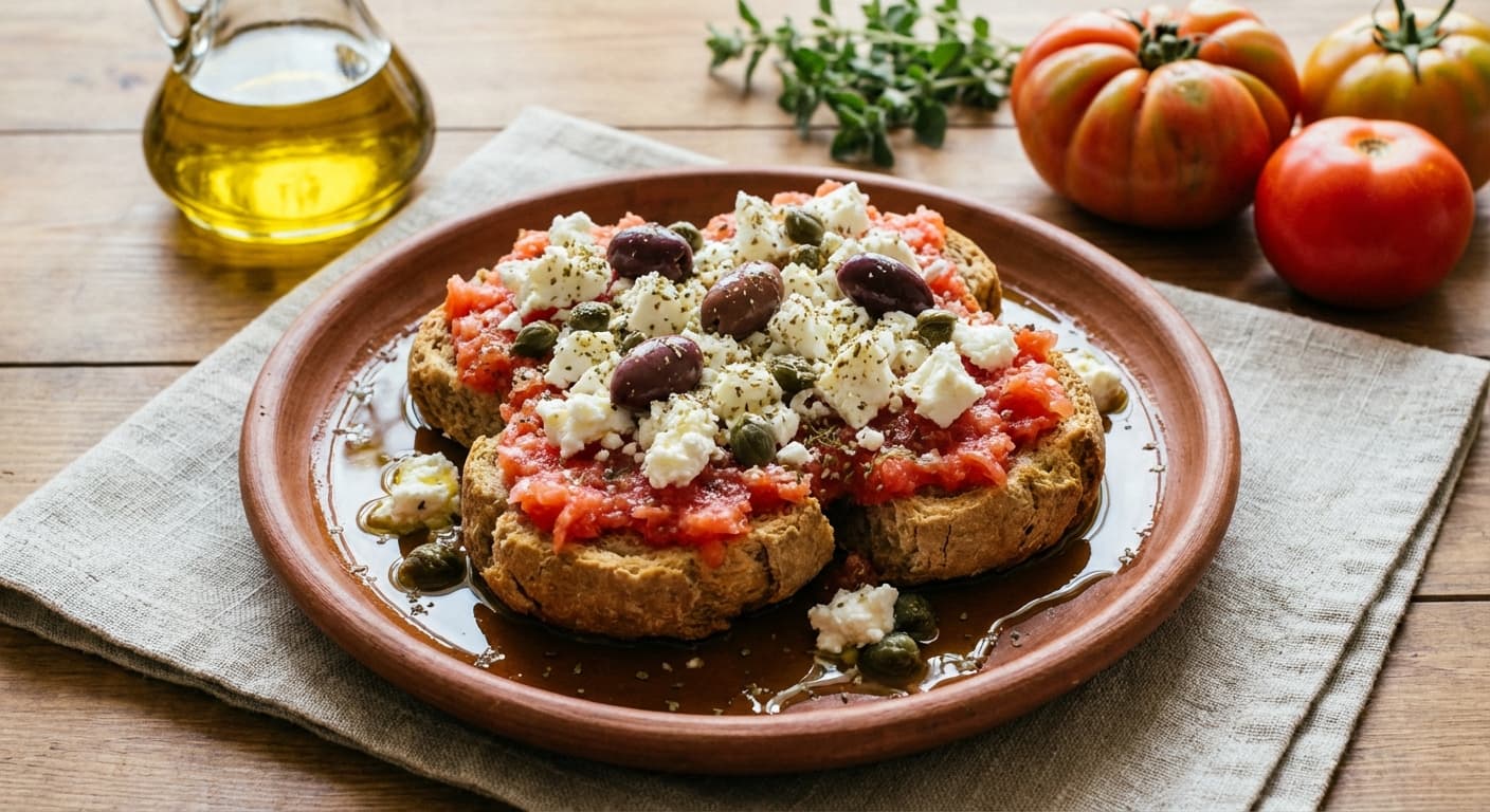 Dakos — Cretan Barley Rusk Salad with Tomato and Feta - authentic greek recipe