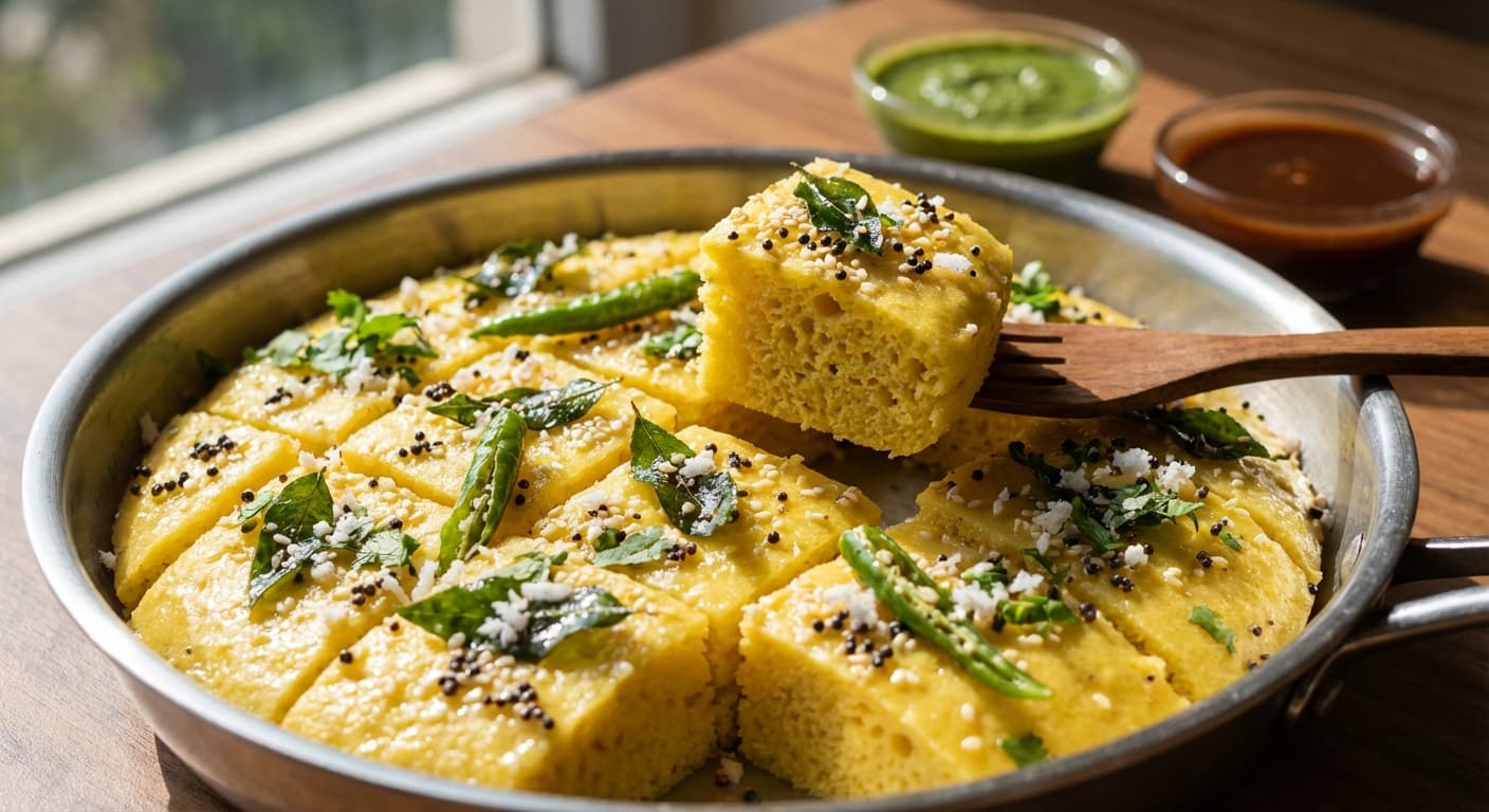 Dhokla — Indian Steamed Savory Chickpea Cake with Mustard Seeds - authentic indian recipe
