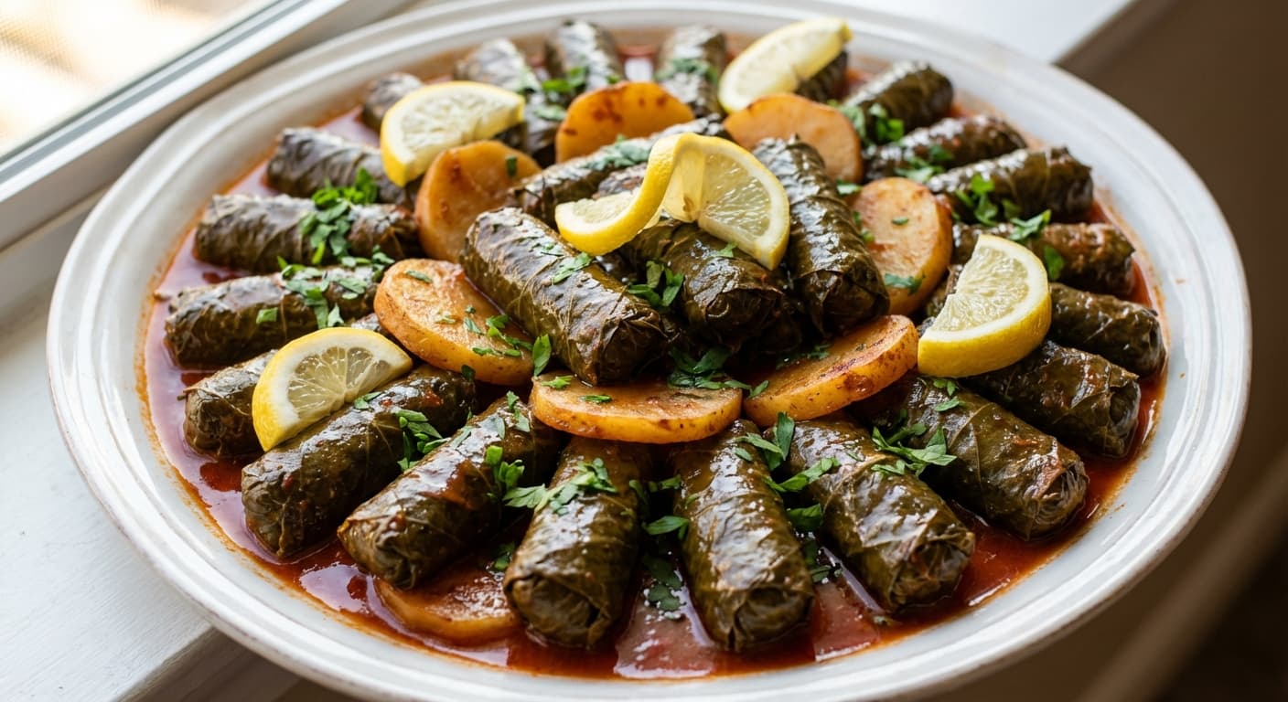 Dolma Mahshi with Macaroni — Savory Stuffed Vine Leaves with Pasta - authentic lebanese recipe