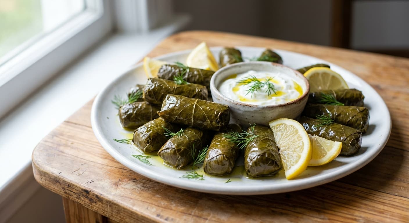 Dolmades — Greek Stuffed Grape Leaves with Rice and Herbs - authentic greek recipe