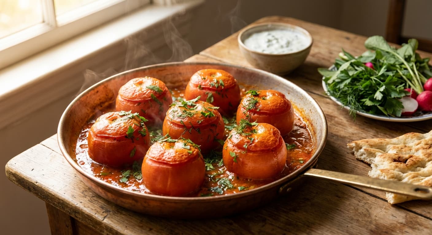 Dolmeh Gojeh Farangi — Persian Stuffed Tomatoes with Herbs and Rice - authentic persian recipe