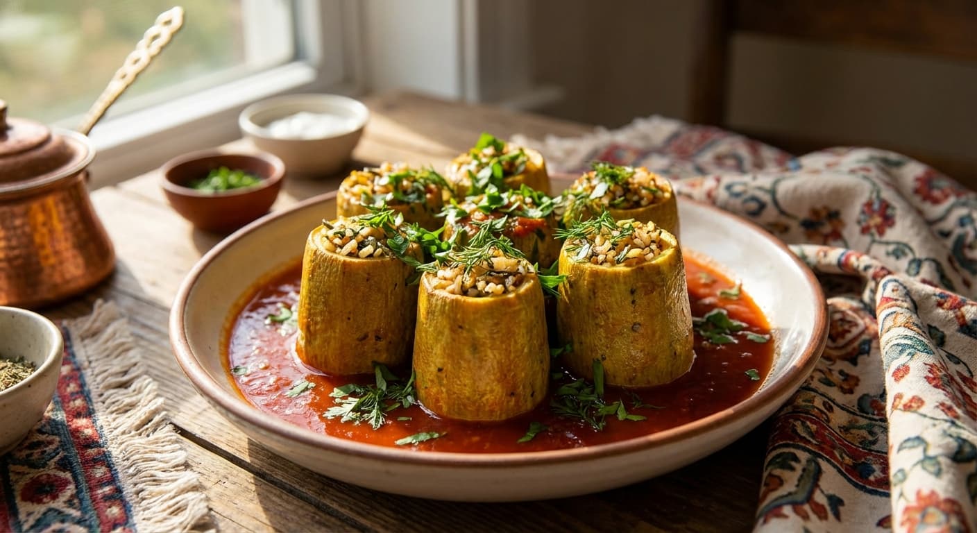 Dolmeh Kadoo — Persian Stuffed Zucchini in Tangy Tomato Sauce - authentic persian recipe