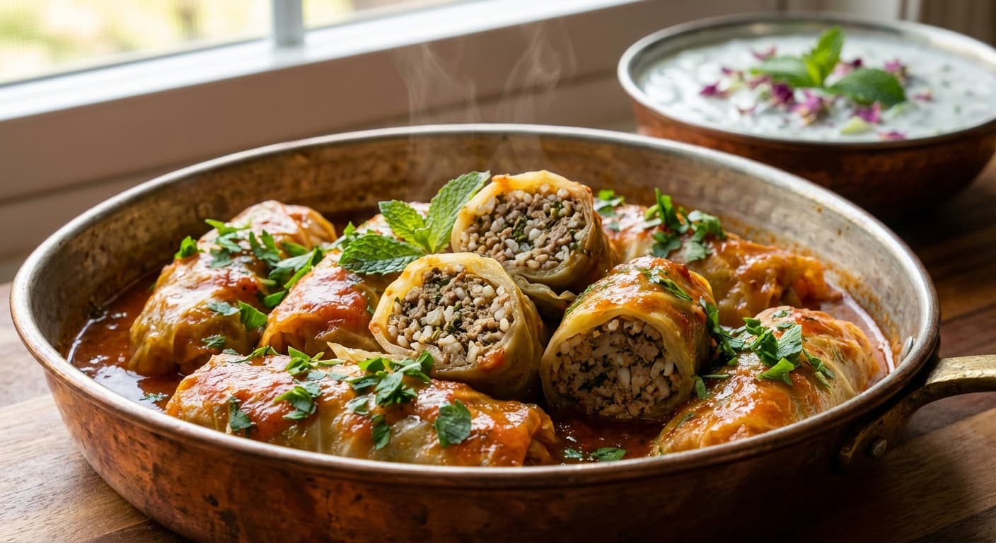 Dolmeh Kalam Ba Goosht — Persian Stuffed Cabbage Rolls in Tomato-Herb Sauce - authentic persian recipe