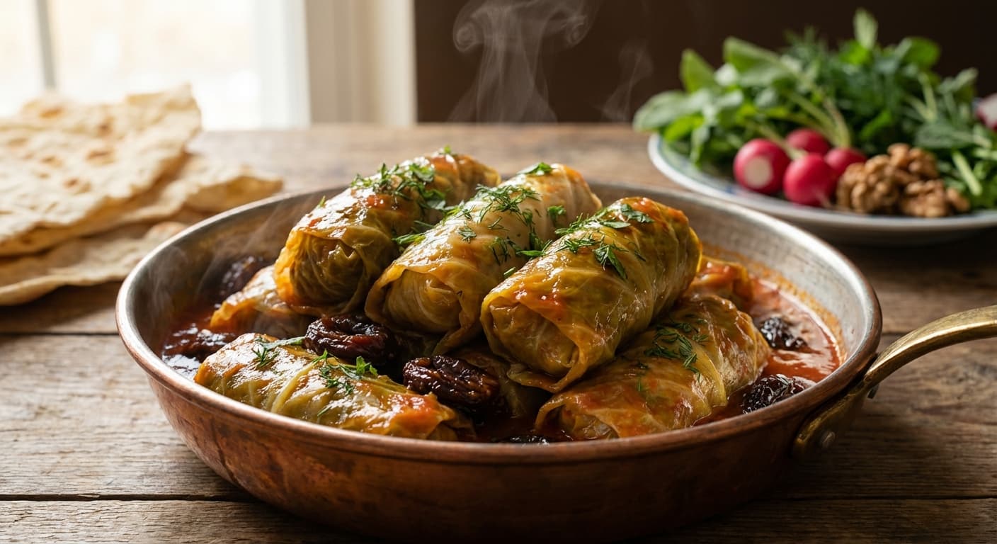 Dolmeh Kalam Barg — Persian Stuffed Cabbage Rolls with Herb Rice and Plums - authentic persian recipe