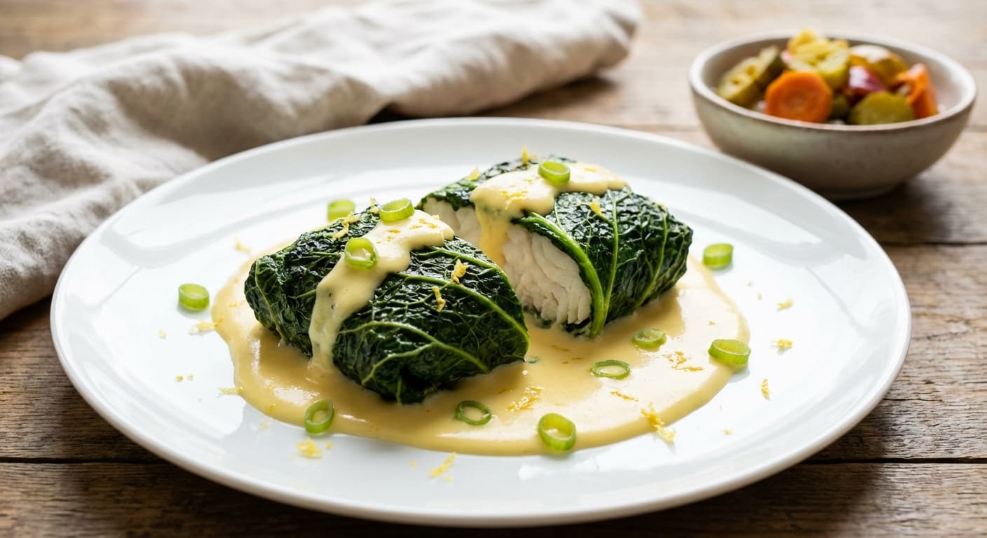 Spinach-Wrapped Fish with Creamy Cheese Sauce — Citrus-garlic marinated fish dolmeh in spinach with silky paneer-style sauce - authentic persian recipe