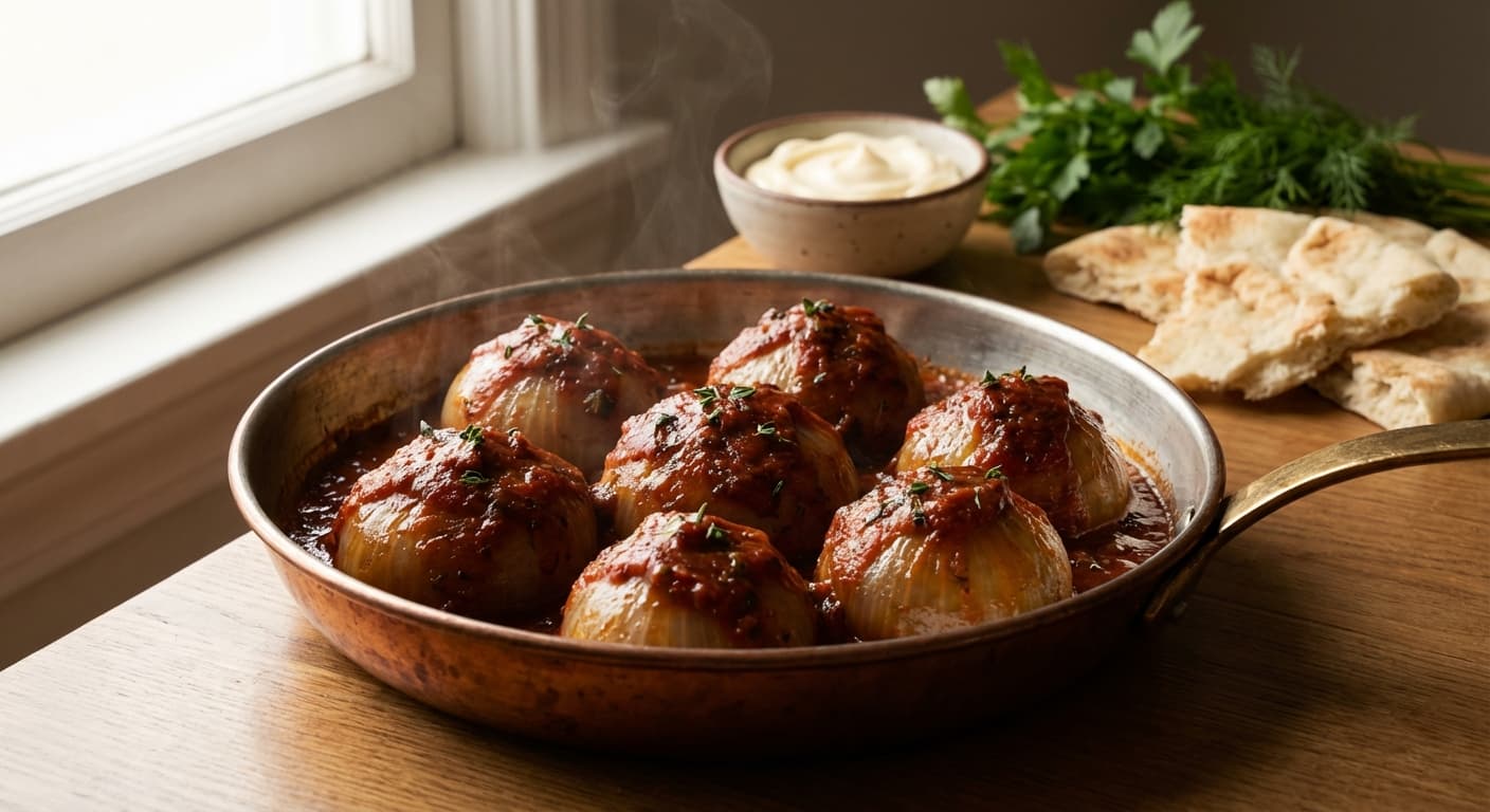 Dolmeh Piaz — Persian Stuffed Onions in Tomato Herb Sauce - authentic persian recipe