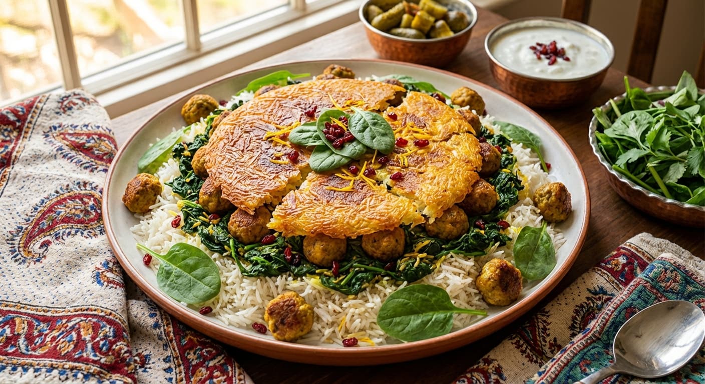 Esfanaj Polo ba Ghelgheli — Spinach Rice with Mini Meatballs - authentic persian recipe