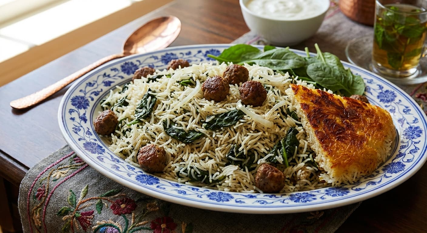 Esfanaj Polo — Persian Spinach Rice with Mini Meatballs - authentic persian recipe
