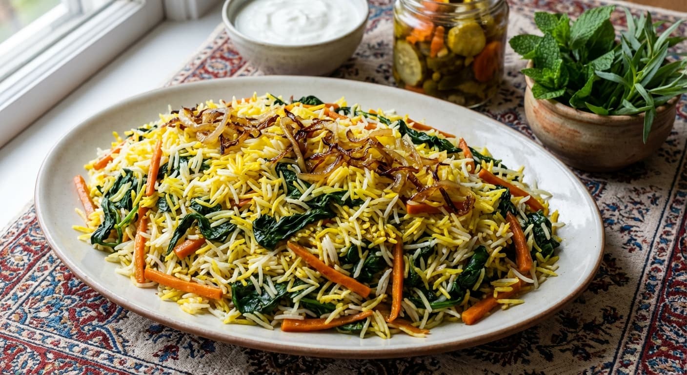 Esfenaj Polow — Persian Spinach and Carrot Pilaf - authentic persian recipe