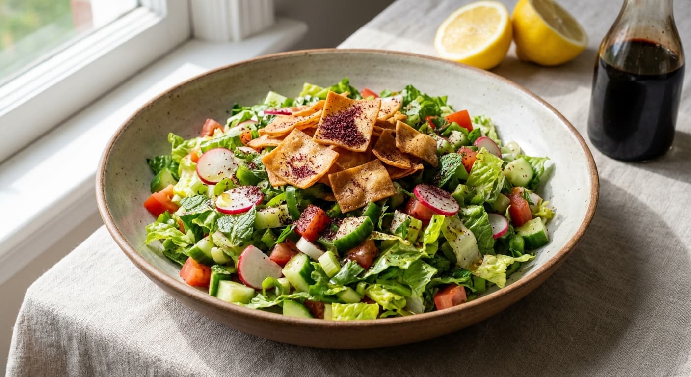 Fattoush — Lebanese Crispy Bread Salad with Sumac Dressing - authentic lebanese recipe