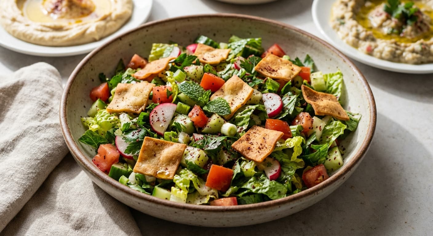 Fattoush — Lebanese Toasted Pita Salad with Sumac Dressing - authentic lebanese recipe