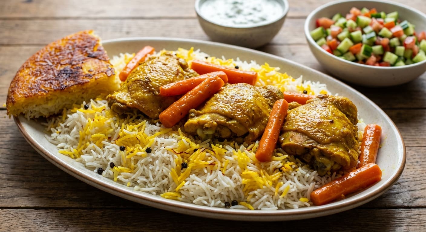 Felfel Polo ba Morgh — Peppery saffron rice with tender chicken - authentic persian recipe