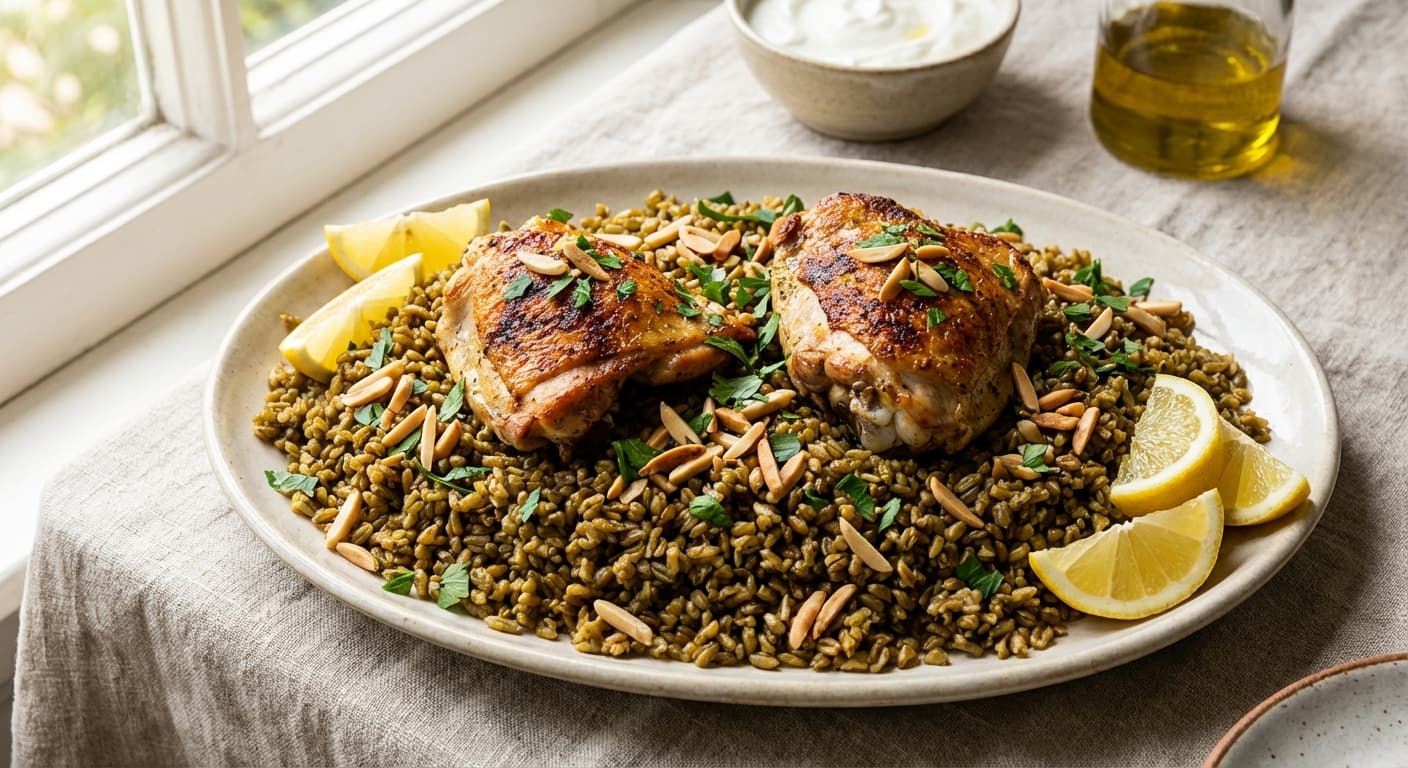 Freekeh with Chicken — Lebanese Smoky Green Wheat Pilaf with Chicken - authentic lebanese recipe