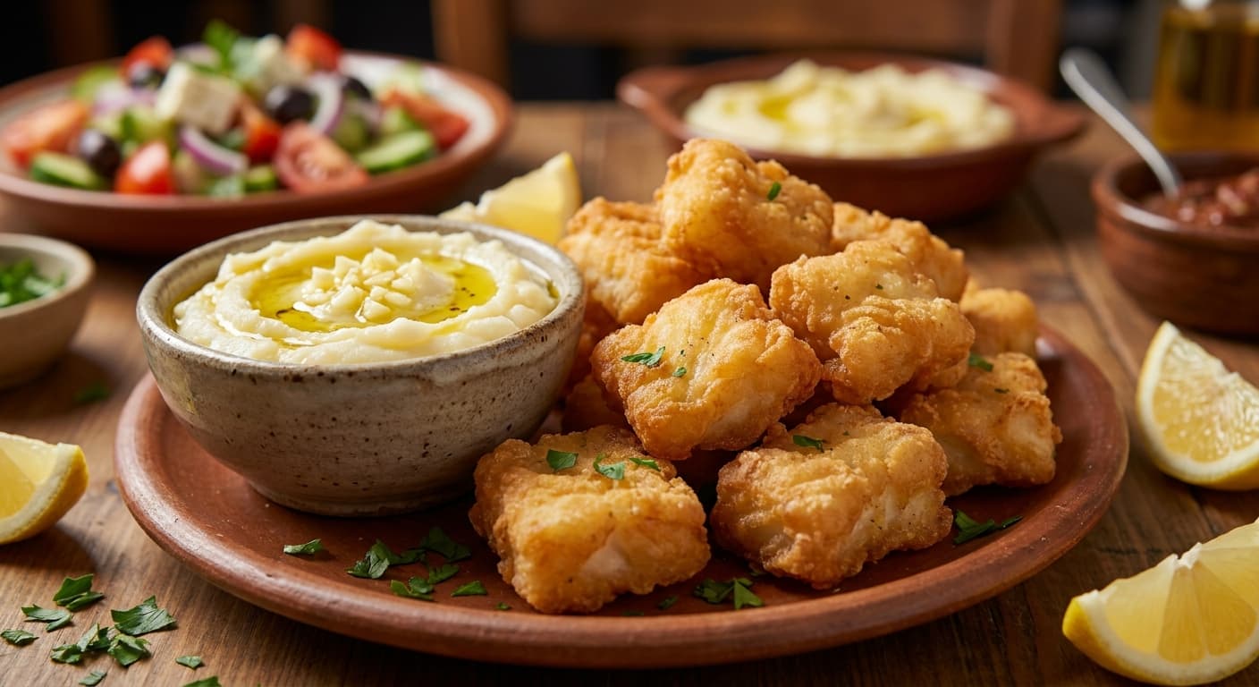 Fried Salt Cod with Potato Skordalia — Crispy cod with garlicky potato dip - authentic greek recipe