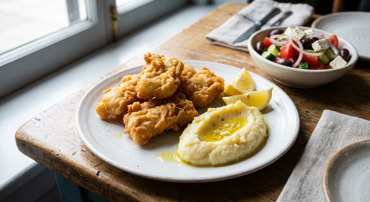 Fried Salt Cod with Skordalia — Crisp cod with garlicky potato dip - authentic greek recipe