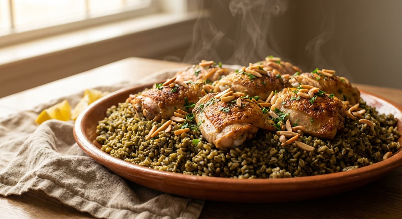 Frikeh Djej — Lebanese Freekeh Pilaf with Roasted Chicken Pieces - authentic lebanese recipe