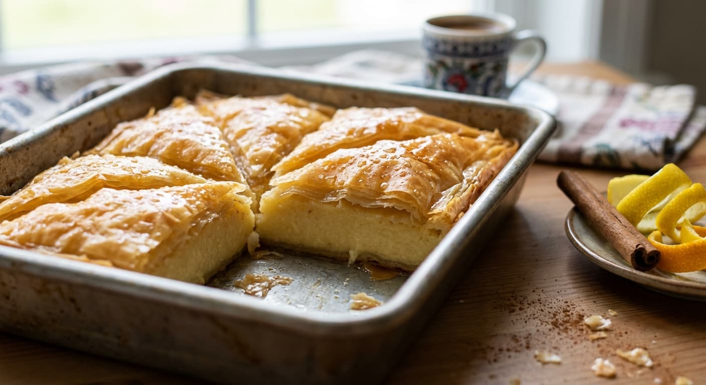 Galaktoboureko — Greek Custard-Filled Phyllo Pastry in Citrus Syrup - authentic greek recipe