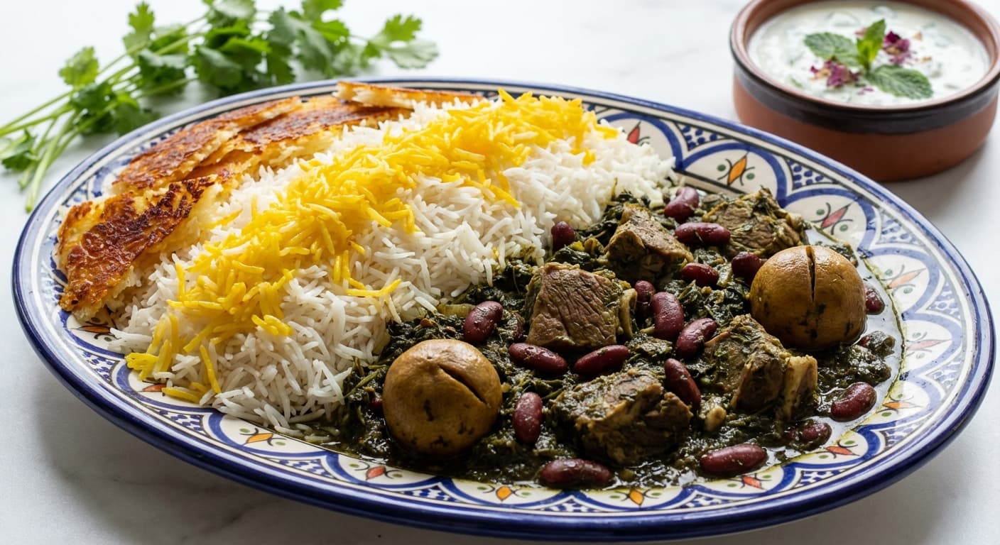 Ghormeh Sabzi Polo — Herb-Scented Persian Rice with Lamb and Dried Lime - authentic persian recipe