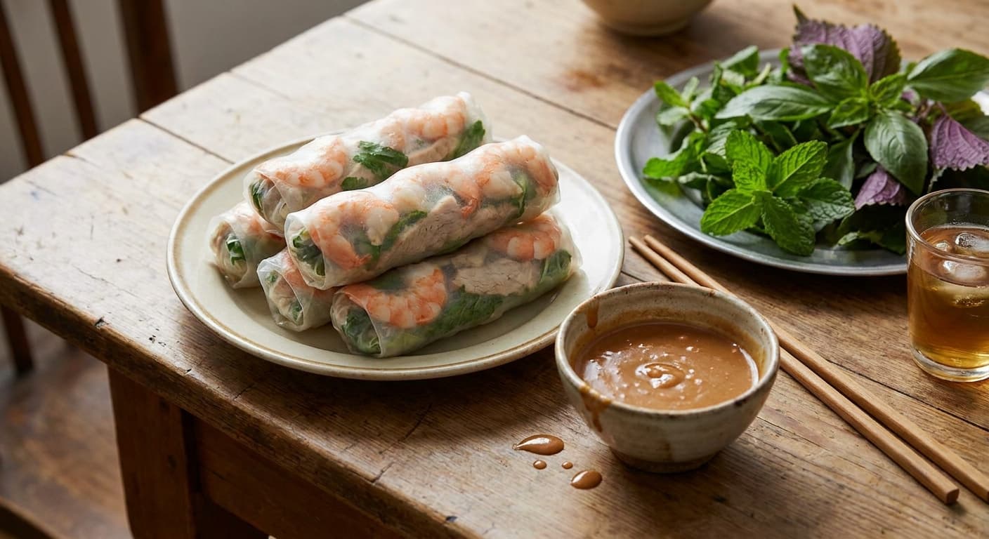 Vietnamese Fresh Spring Rolls — Shrimp, Pork, Herbs, and Peanut Sauce - authentic vietnamese recipe