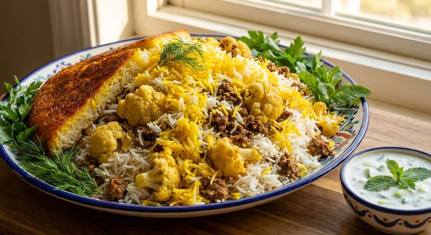 Gol Kalam Polo — Saffron Cauliflower Rice with Spiced Minced Meat - authentic persian recipe