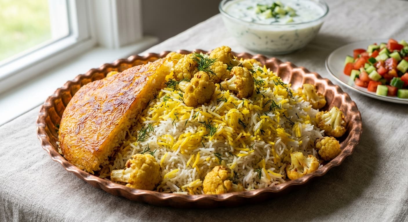 Gol Kalam Polow — Persian Cauliflower Pilaf with Saffron and Dill - authentic persian recipe
