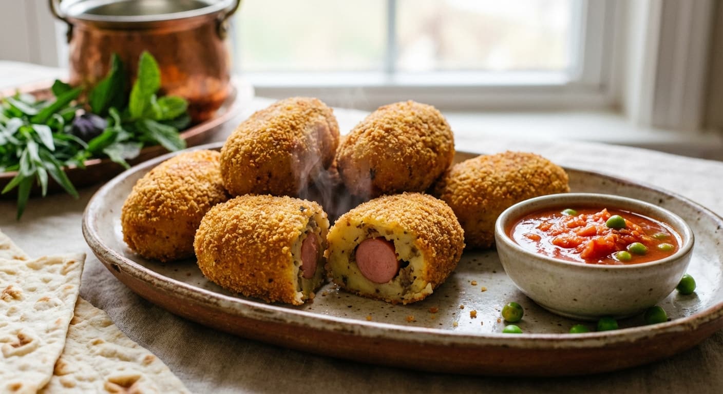Golden Sosis-Stuffed Kotlet — Persian Potato Croquettes with Cocktail Sausages - authentic persian recipe