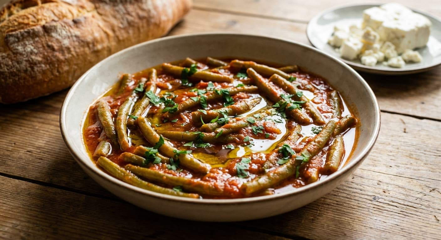 Greek Green Beans in Olive Oil — Tender green beans braised with tomato and extra-virgin olive oil - authentic greek recipe