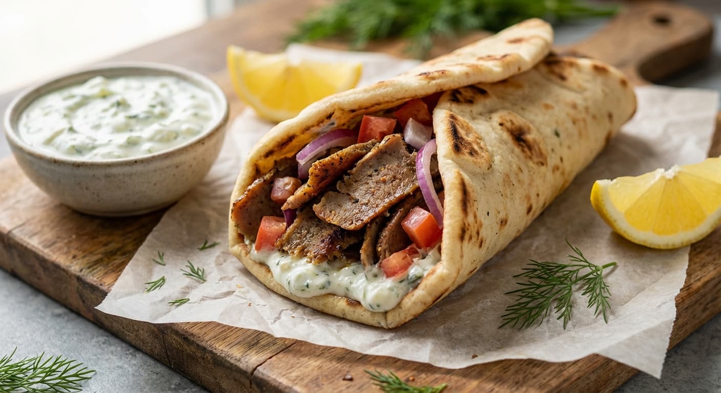 Greek Gyro — Seasoned Meat Pita Wrap with Tzatziki - authentic greek recipe