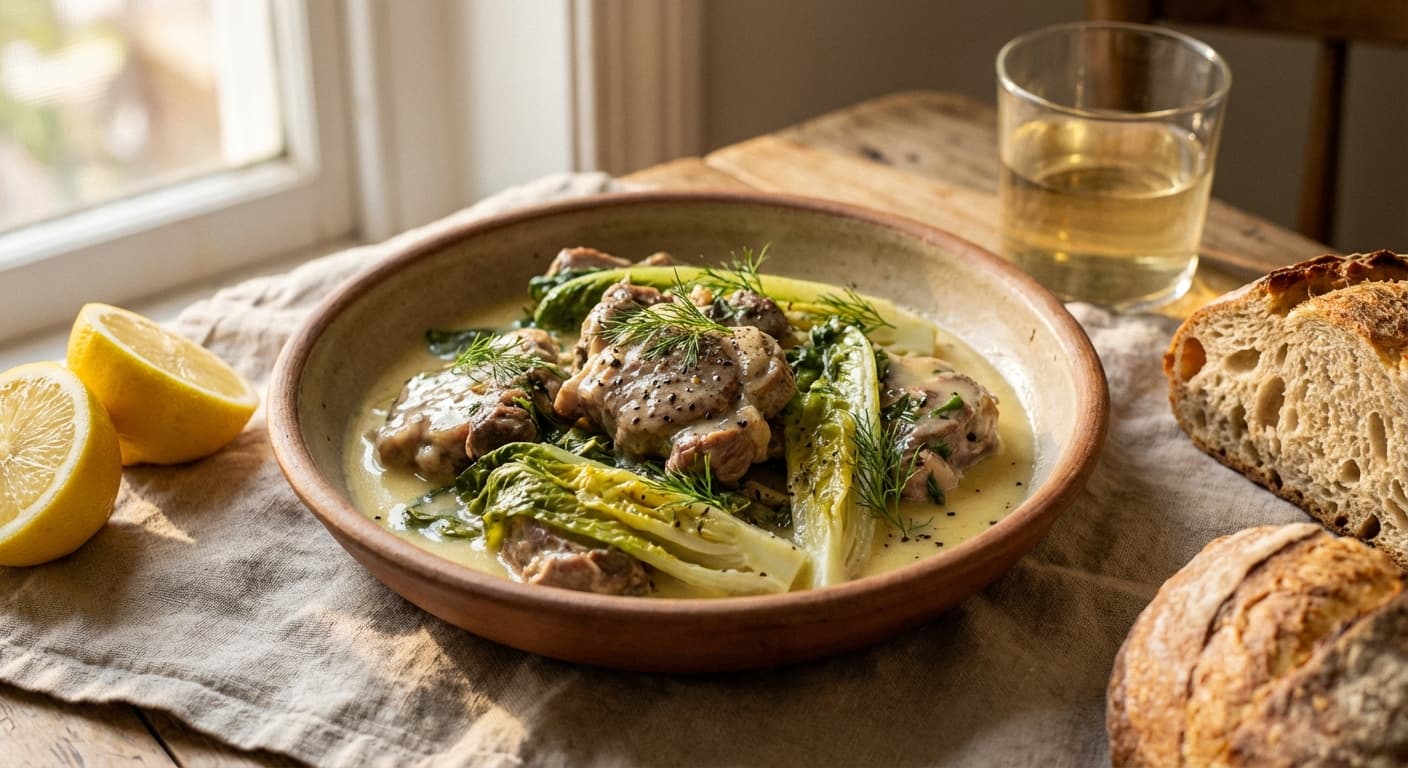Greek Lamb Fricassee — Braised lamb with lettuce and egg-lemon sauce - authentic greek recipe