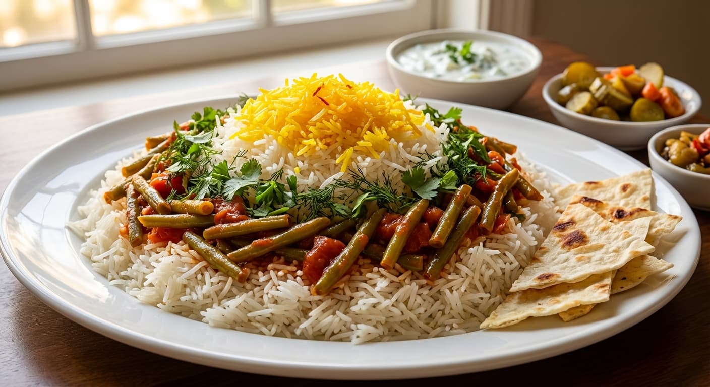 Green Bean and Herb Rice — Saffron-Scented Persian Layered Rice - authentic persian recipe