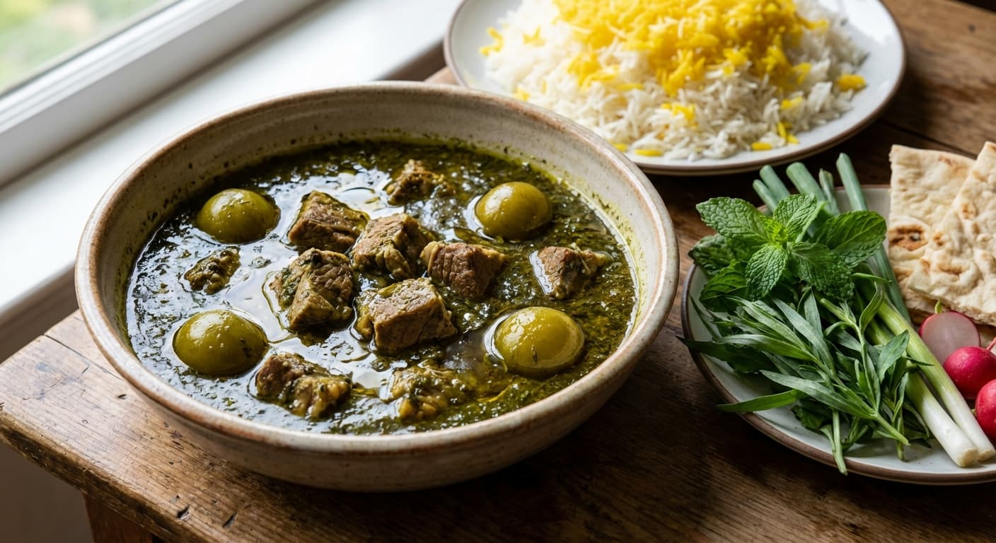 Green Plum & Herb Stew — Springtime Persian stew with mint, parsley, and tart plums - authentic persian recipe