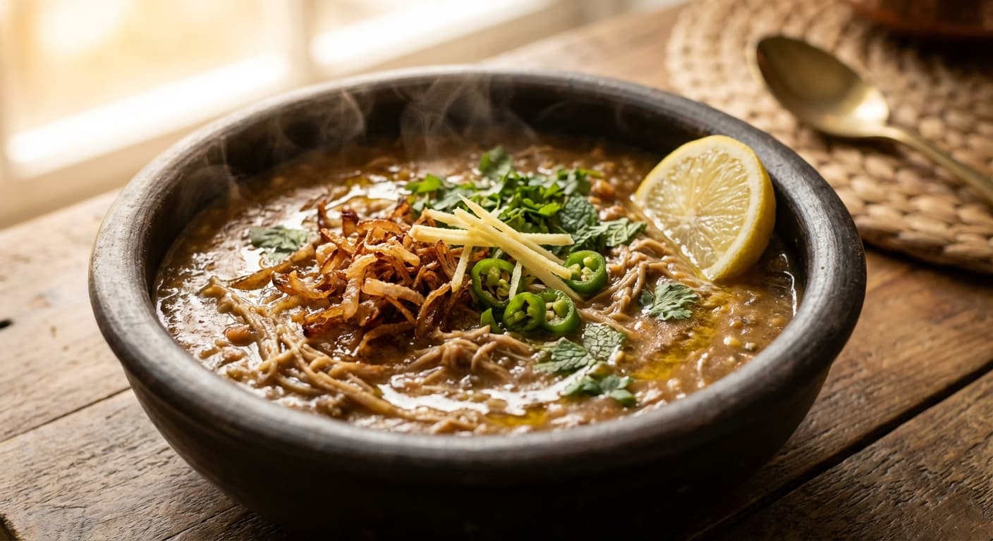 Haleem — Indian Slow-simmered wheat-lentil-meat porridge, spiced - authentic indian recipe