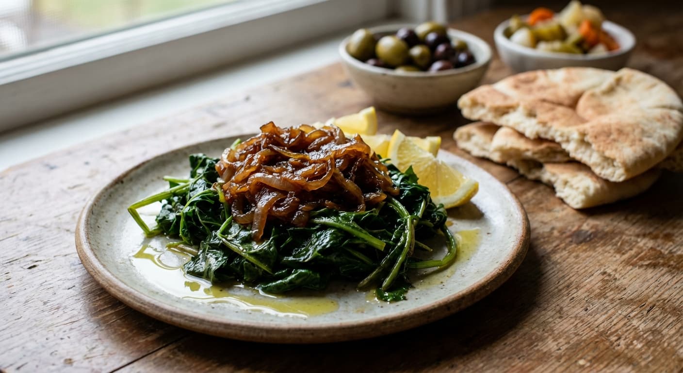 Hindbeh b Zeit — Lebanese dandelion greens with onions and olive oil - authentic lebanese recipe