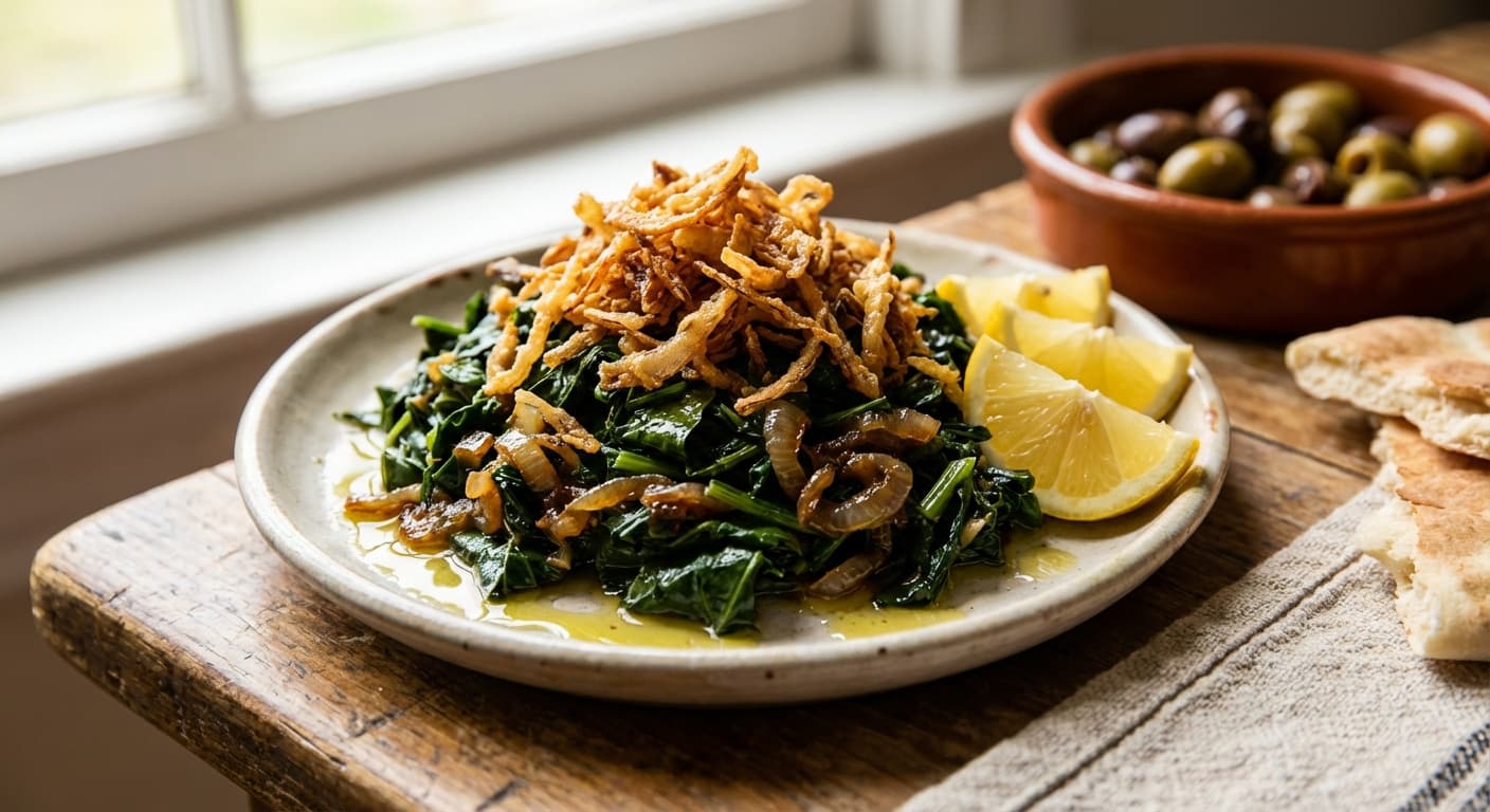 Hindbeh bil Zeit — Lebanese Sautéed Dandelion Greens with Olive Oil and Onion - authentic lebanese recipe