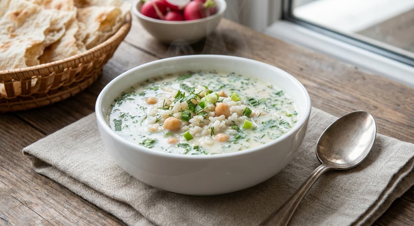 Hot Dovgha — Azerbaijani Warm Yogurt-Herb Soup with Rice and Chickpeas - authentic azerbaijani recipe