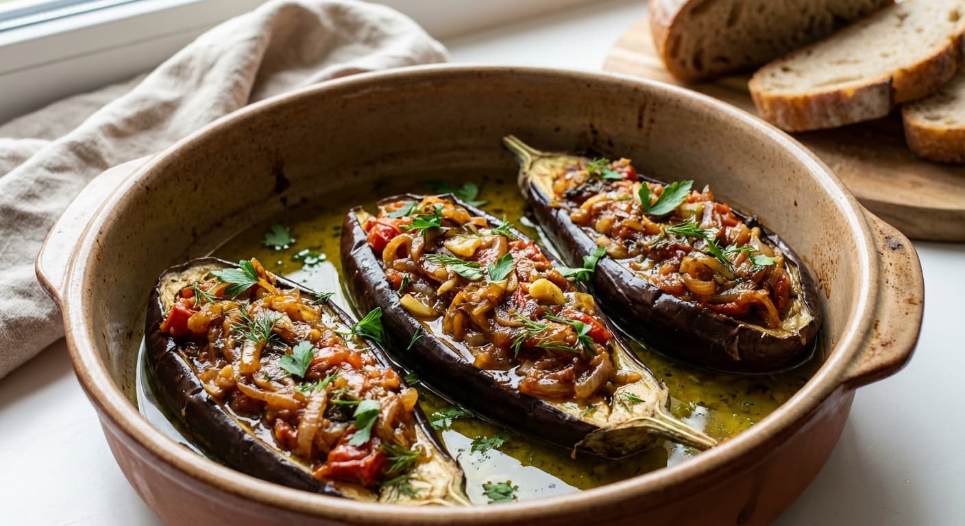 Imam Bayildi — Greek Olive Oil-Braised Stuffed Eggplant - authentic greek recipe