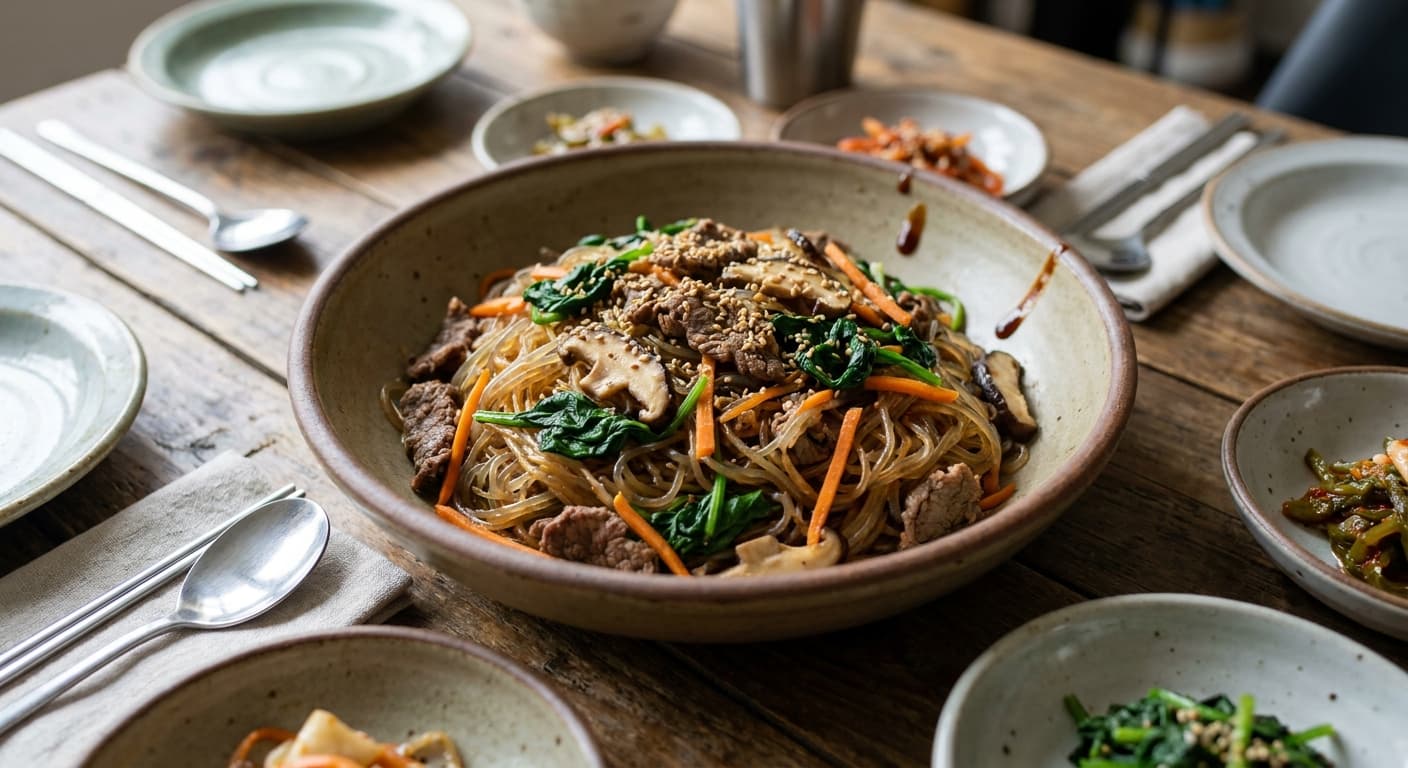 Japchae — Korean Glass Noodles with Beef and Vegetables - authentic korean recipe