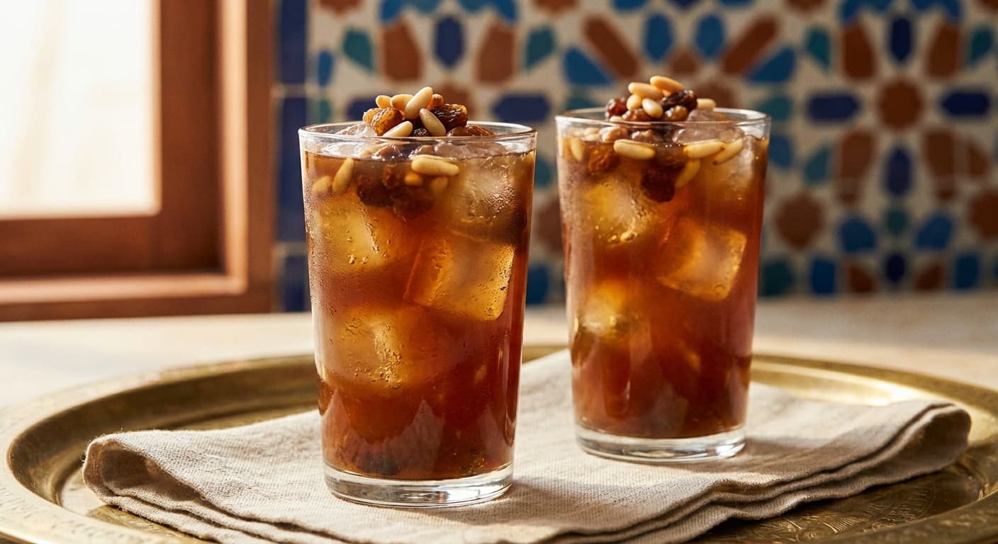 Jellab — Moroccan Date-Raisin Drink Topped with Pine Nuts - authentic moroccan recipe