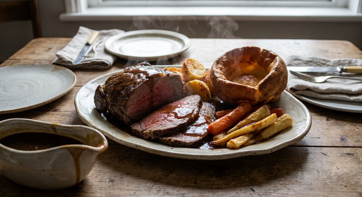 Sunday Roast — Beef, Yorkshire Puddings, Roast Potatoes and Gravy - authentic british recipe