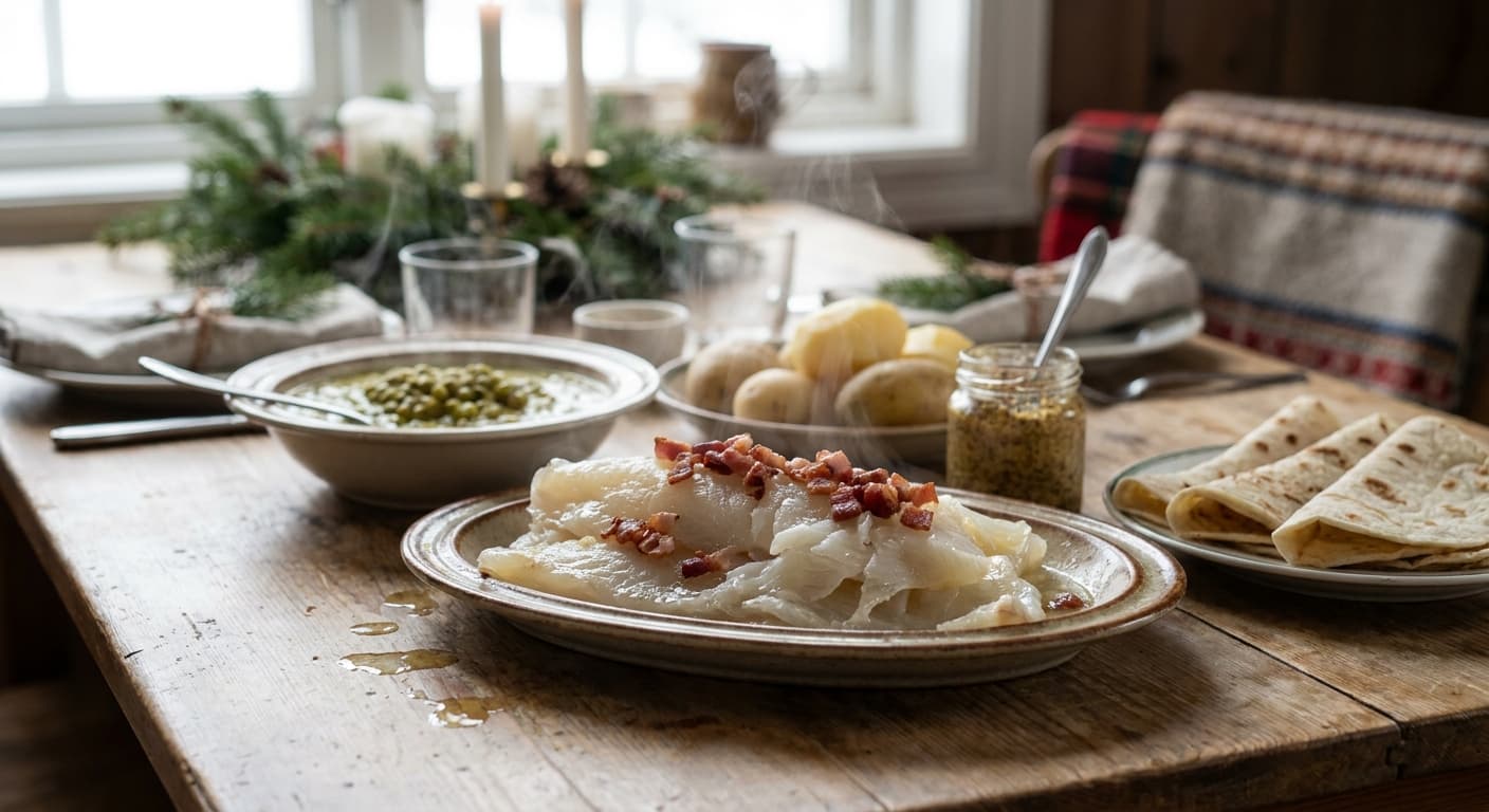 Lutefisk — Lye-Cured Cod with Potatoes and Pea Stew - authentic norwegian recipe