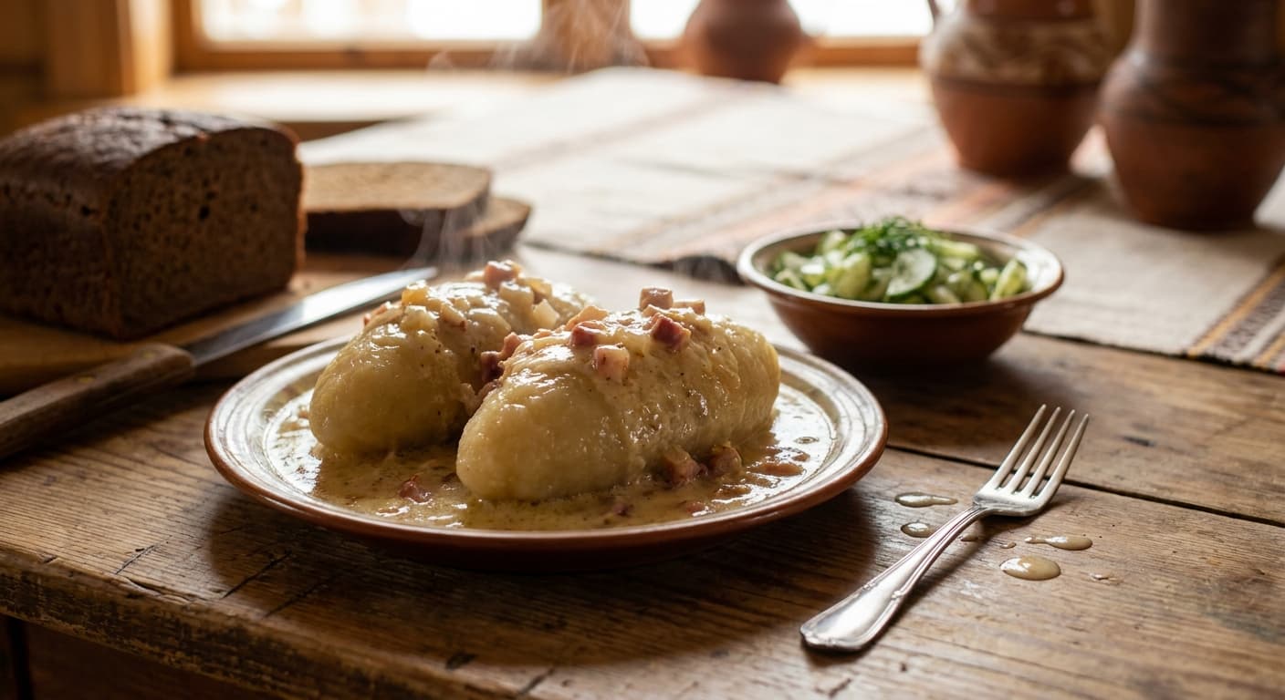 Lithuanian Cepelinai — Potato Dumplings with Pork and Sour Cream Sauce - authentic lithuanian recipe