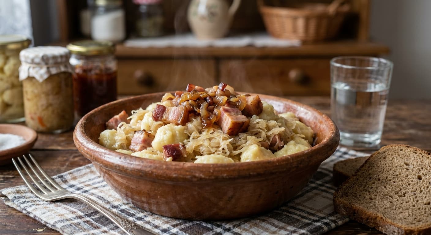 Potato Dumplings with Smoked Meat — Rustic Slovak Halušky with Sauerkraut - authentic slovak recipe