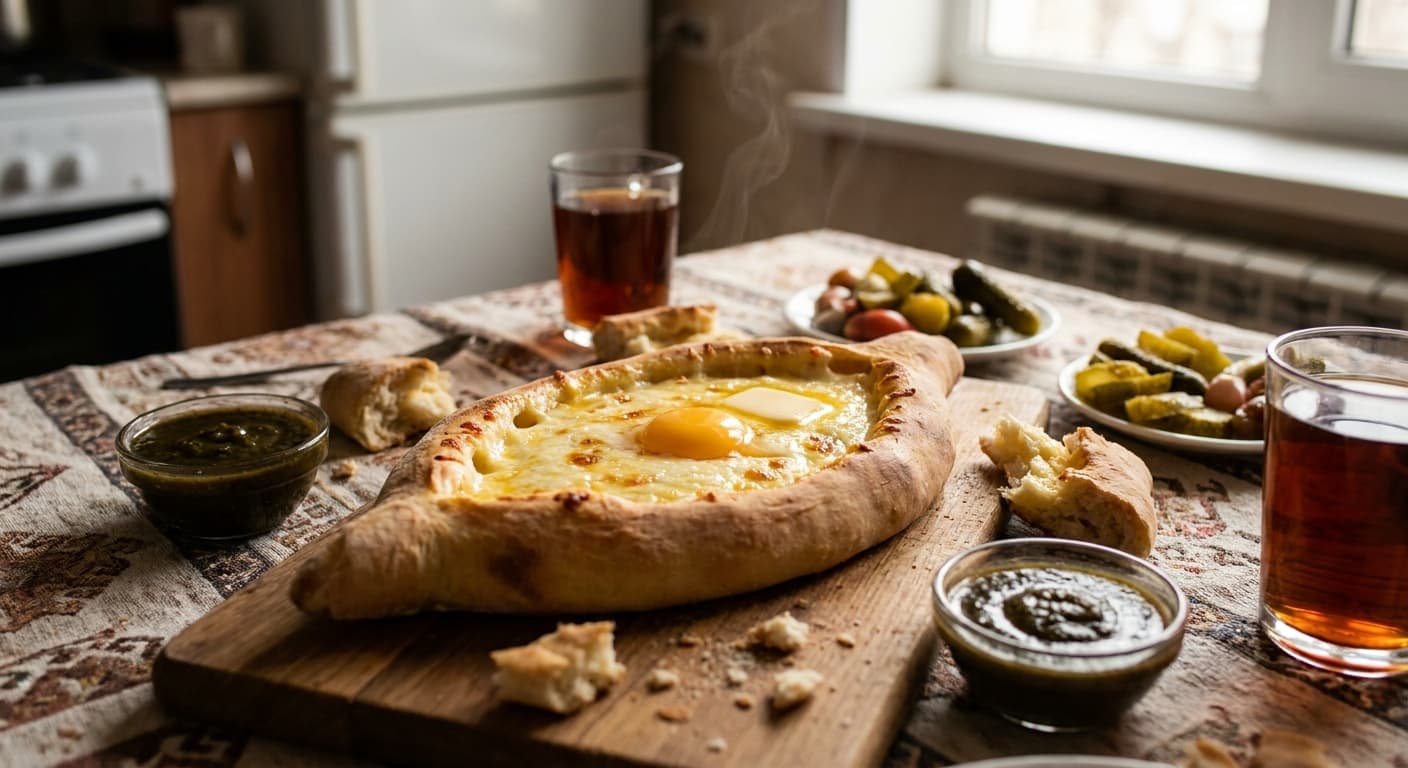 Georgian Khachapuri Adjaruli — Boat-Shaped Cheese Bread - authentic georgian recipe