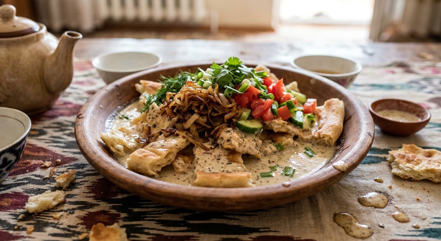 Tajik Qurutob — Tangy Bread Salad with Qurut and Fried Onions - authentic tajik recipe