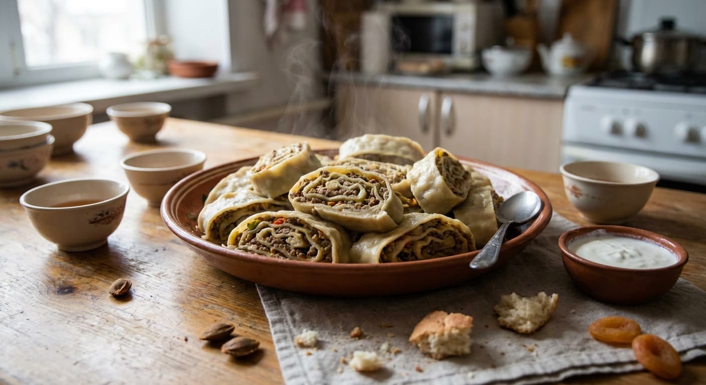 Orromo — Kyrgyz Steamed Rolled Dumpling with Lamb and Pumpkin - authentic kyrgyz recipe
